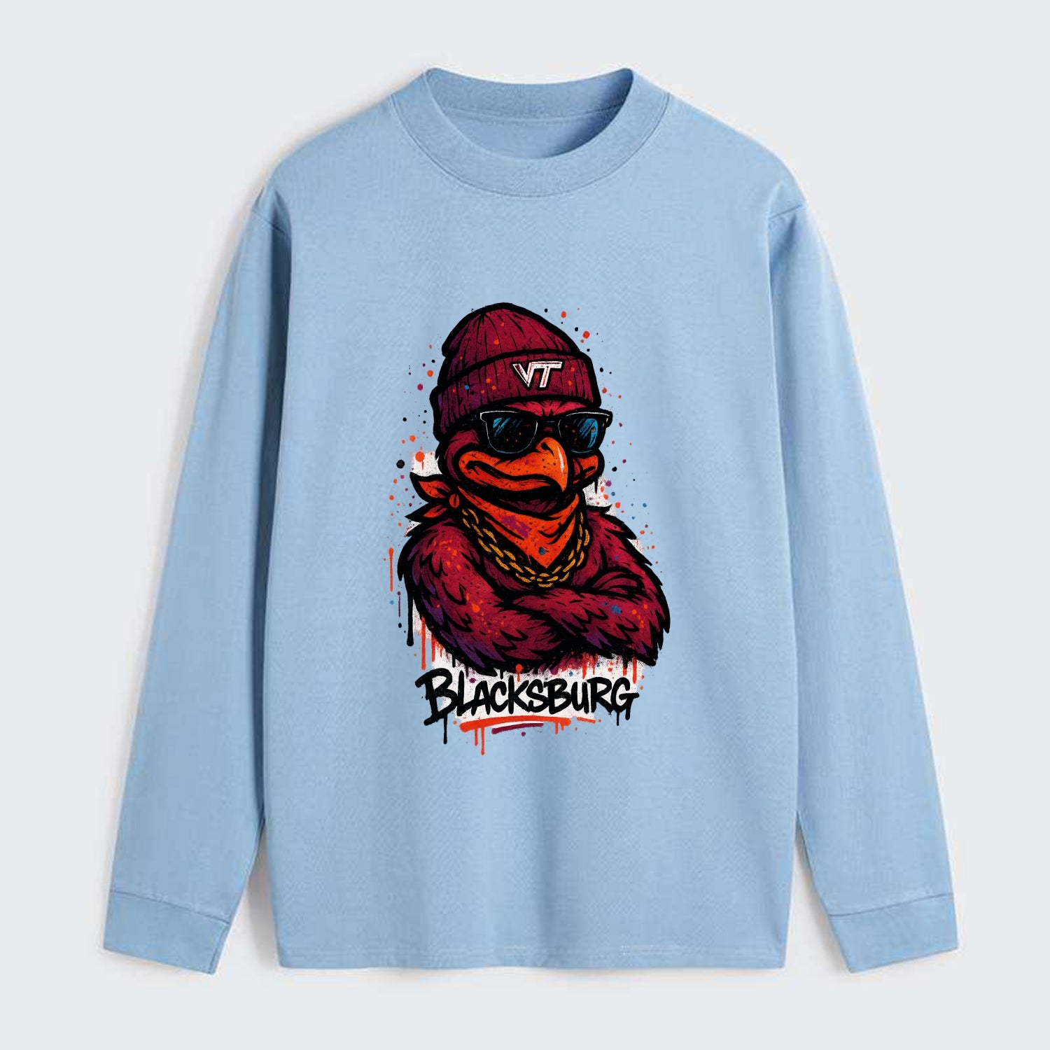 Blacksburg HokieBird wearing Virginia Tech beanie with VT patch - Classic Long Sleeve Shirt - Light Blue