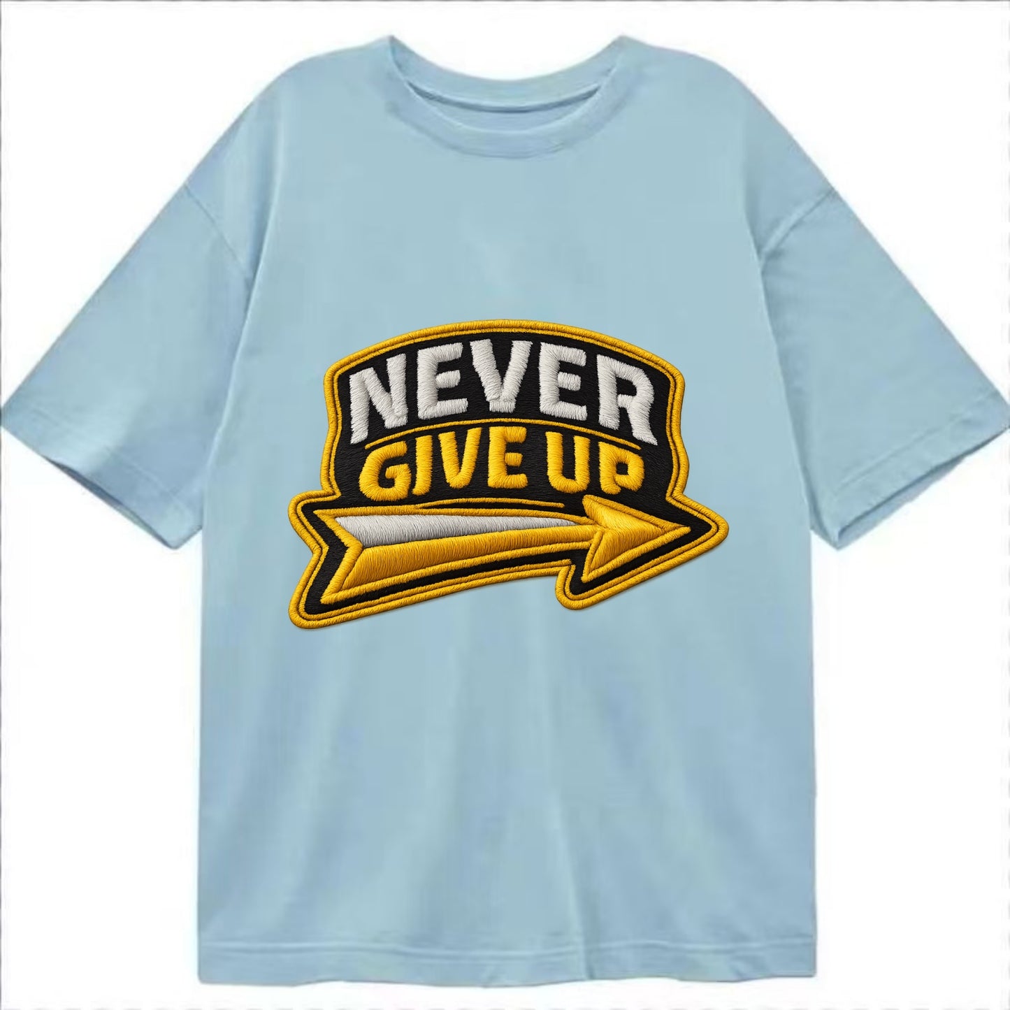 NEVER GIVE UP - bold text with arrow in gold , determination - Classic T-shirt - Light Blue