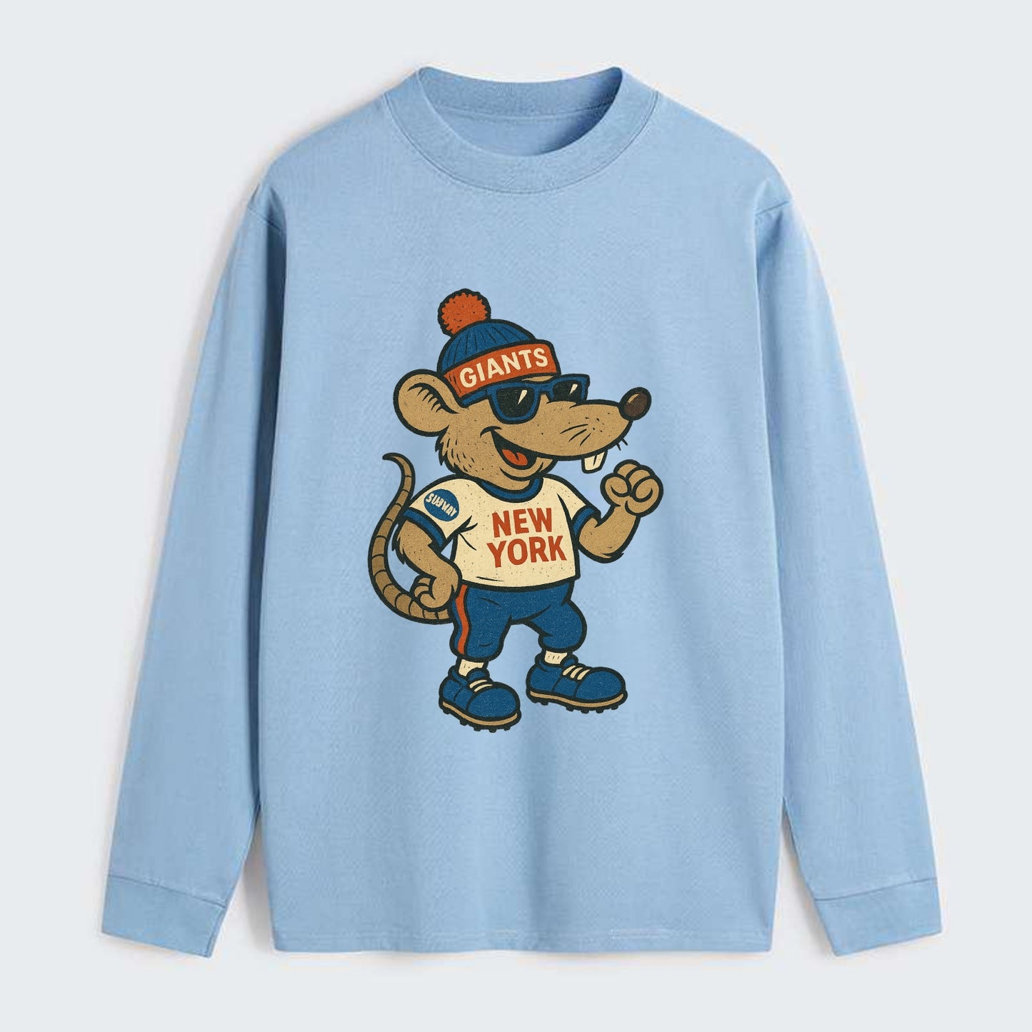 New York Rat wearing Giants beanie with subway patch and wayfarer - Classic Long Sleeve Shirt - Light Blue