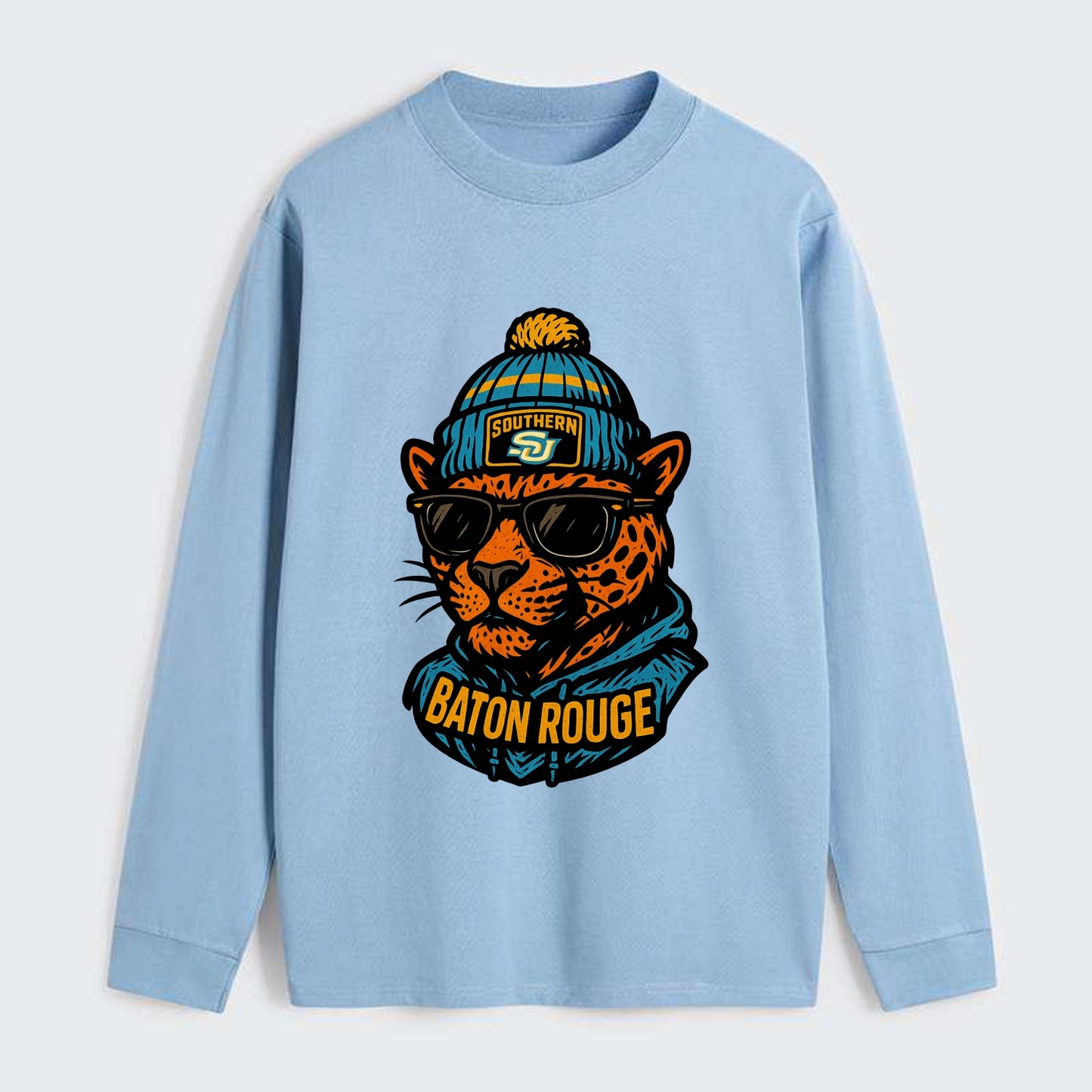 Baton Rouge Jaguar wearing Southern beanie with SU patch - Classic Long Sleeve Shirt - Light Blue