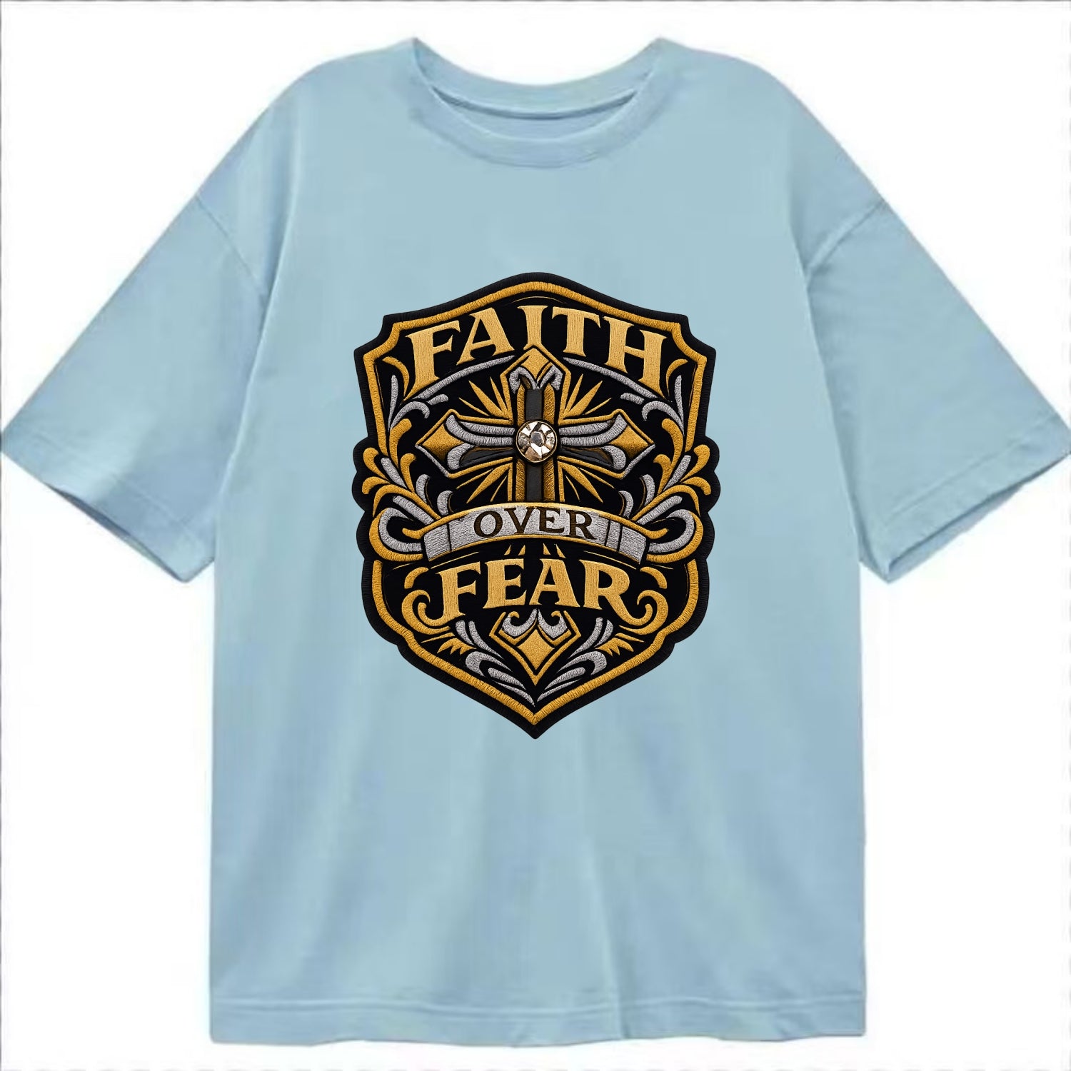 FAITH OVER FEAR - cross with text in gold , spiritual strength - Classic T-shirt - Light Blue