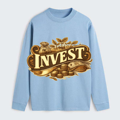 Bold typography design - "INVEST" - growing money, smart decisions - Classic Long Sleeve Shirt - Light Blue