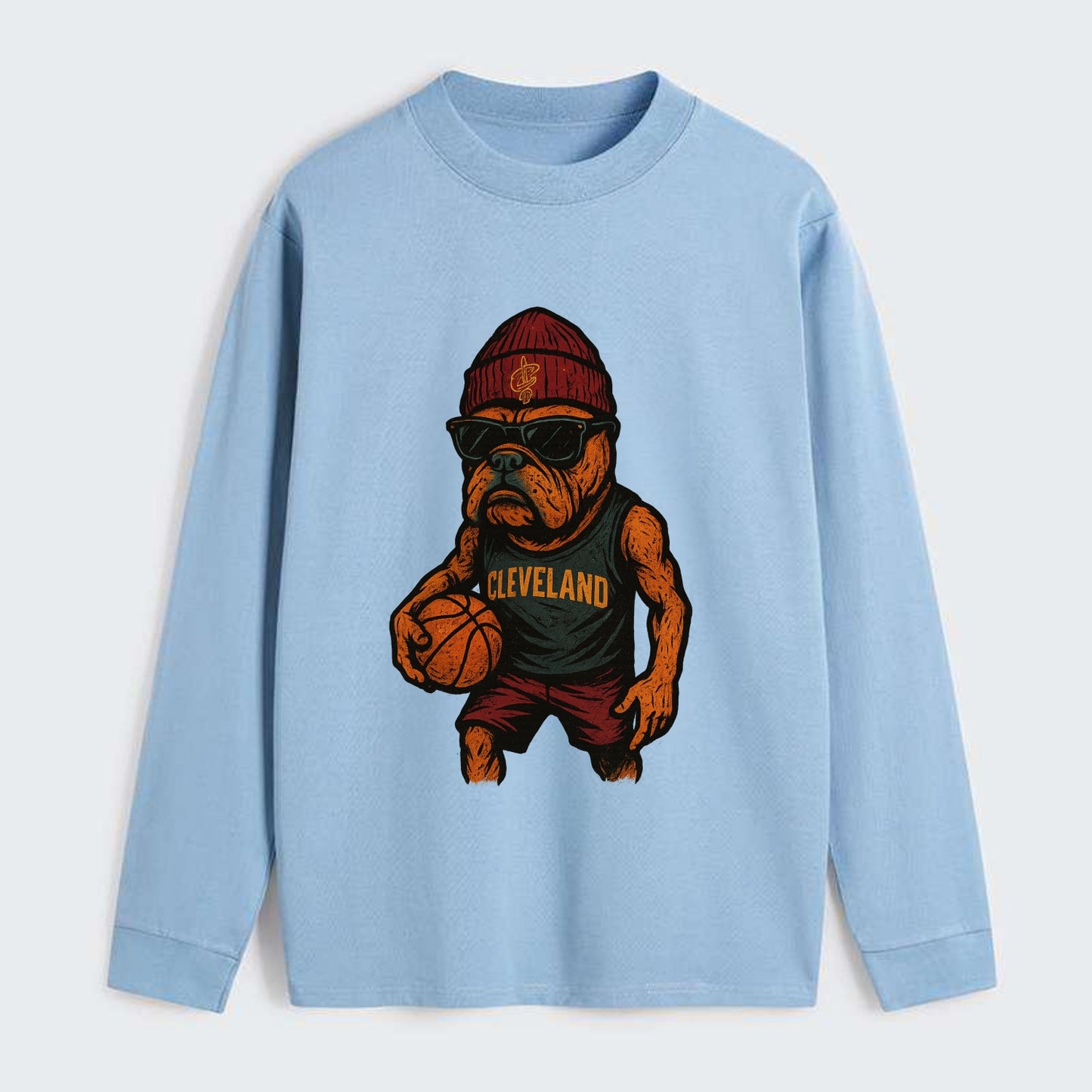 Cleveland Bulldog wearing Cavaliers wine and gold beanie with sword - Classic Long Sleeve Shirt - Light Blue