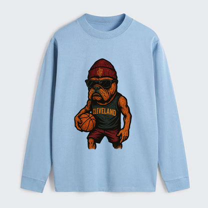 Cleveland Bulldog wearing Cavaliers wine and gold beanie with sword - Classic Long Sleeve Shirt - Light Blue