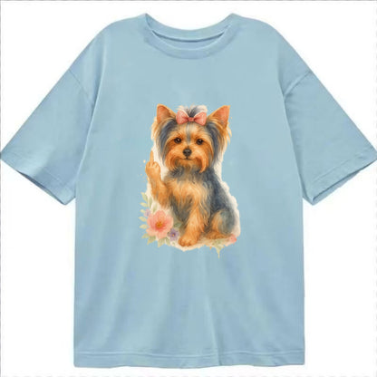 Yorkshire Terrier with topknot bow, one delicate paw flipping off - Classic T-shirt - Light Blue
