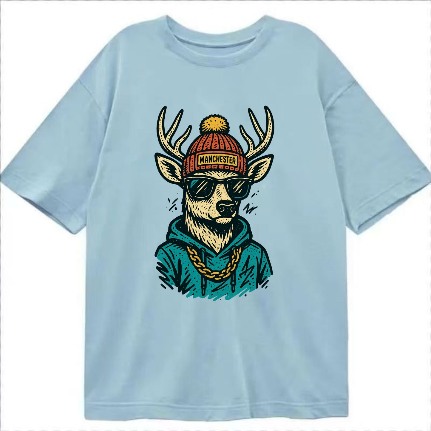 New Hampshire White-tailed Deer wearing Manchester beanie with pom pom and - Classic T-shirt - Light Blue