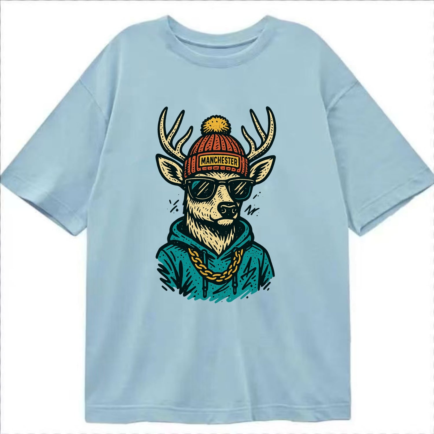 New Hampshire White-tailed Deer wearing Manchester beanie with pom pom and - Classic T-shirt - Light Blue