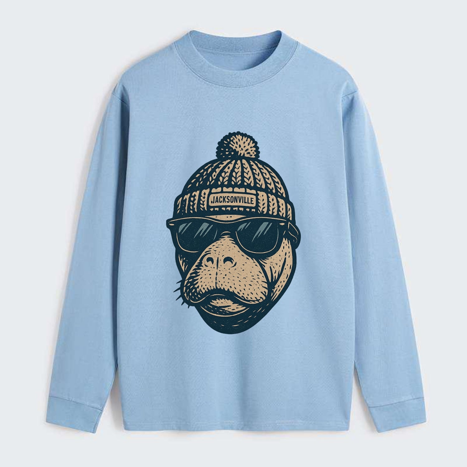 Jacksonville Manatee wearing Jacksonville beanie with pom pom and - Classic Long Sleeve Shirt - Light Blue
