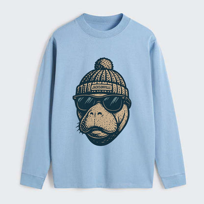 Jacksonville Manatee wearing Jacksonville beanie with pom pom and - Classic Long Sleeve Shirt - Light Blue