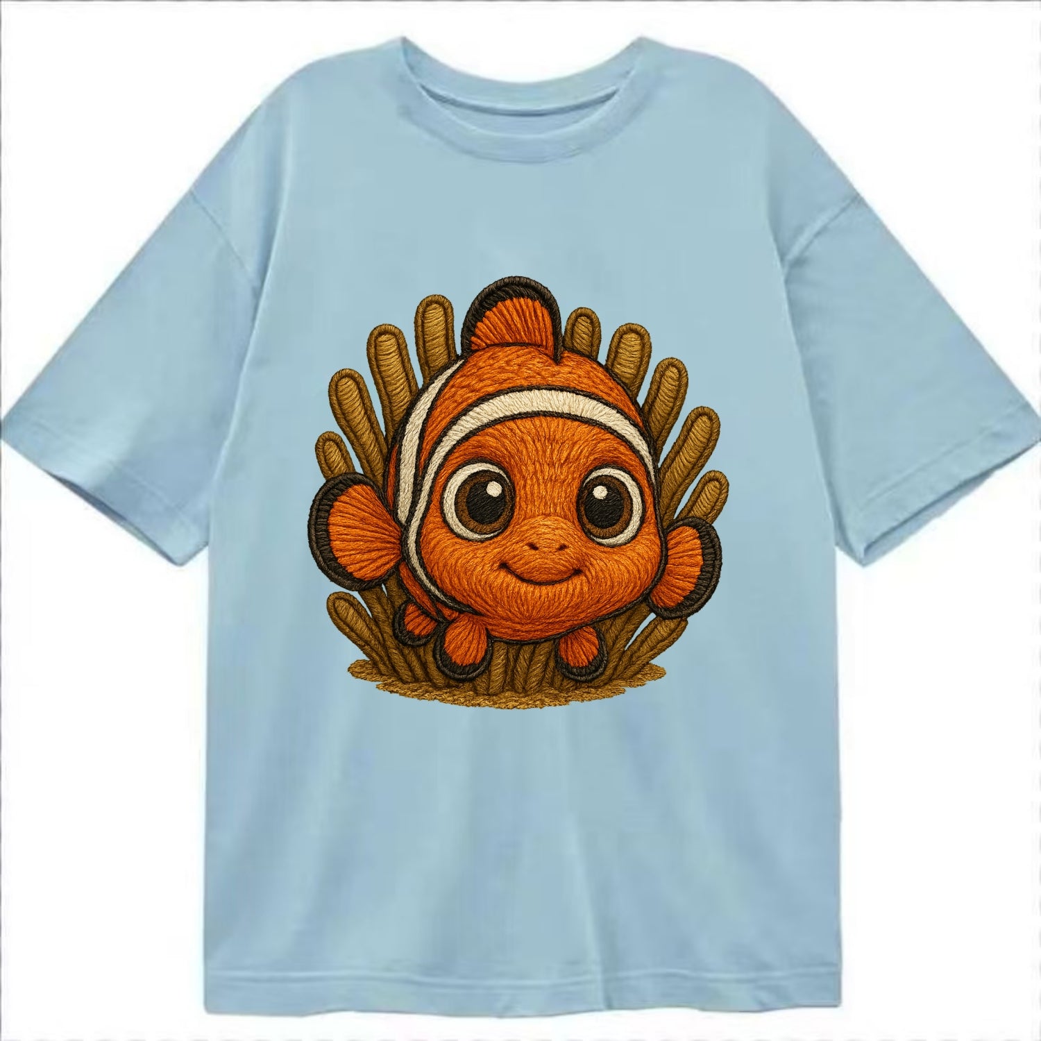 Baby Clownfish - orange with white stripes, big round eyes, front-facing in - Classic T-shirt - Light Blue