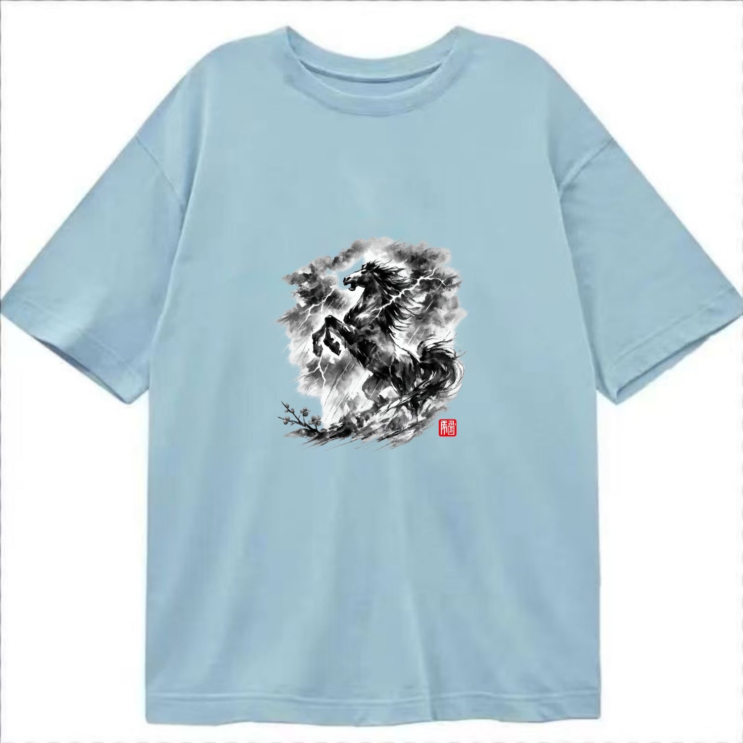 THUNDER HORSE | Storm horse with lightning elements | Dramatic storm clouds - Classic T-shirt - Light Blue