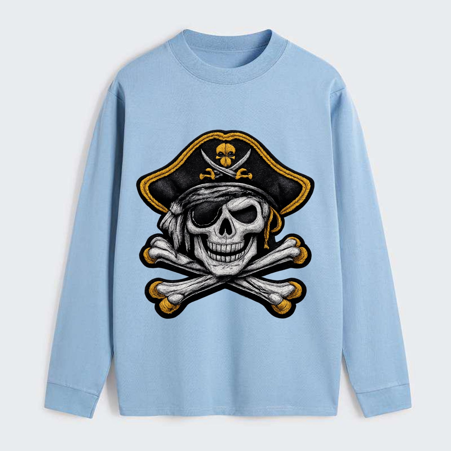 PIRATE SKULL - Jolly Roger skull in black and white , pirate - Classic Long Sleeve Shirt - Light Blue