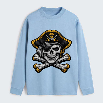 PIRATE SKULL - Jolly Roger skull in black and white , pirate - Classic Long Sleeve Shirt - Light Blue
