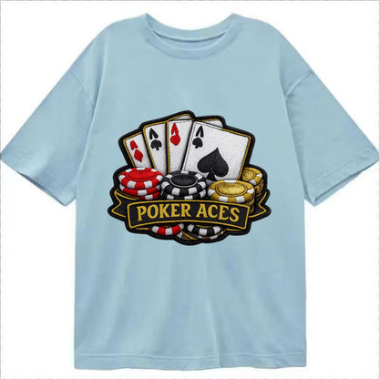 Embroidered patch design - POKER ACES - four aces with chips in red, black and - Classic T-shirt - Light Blue