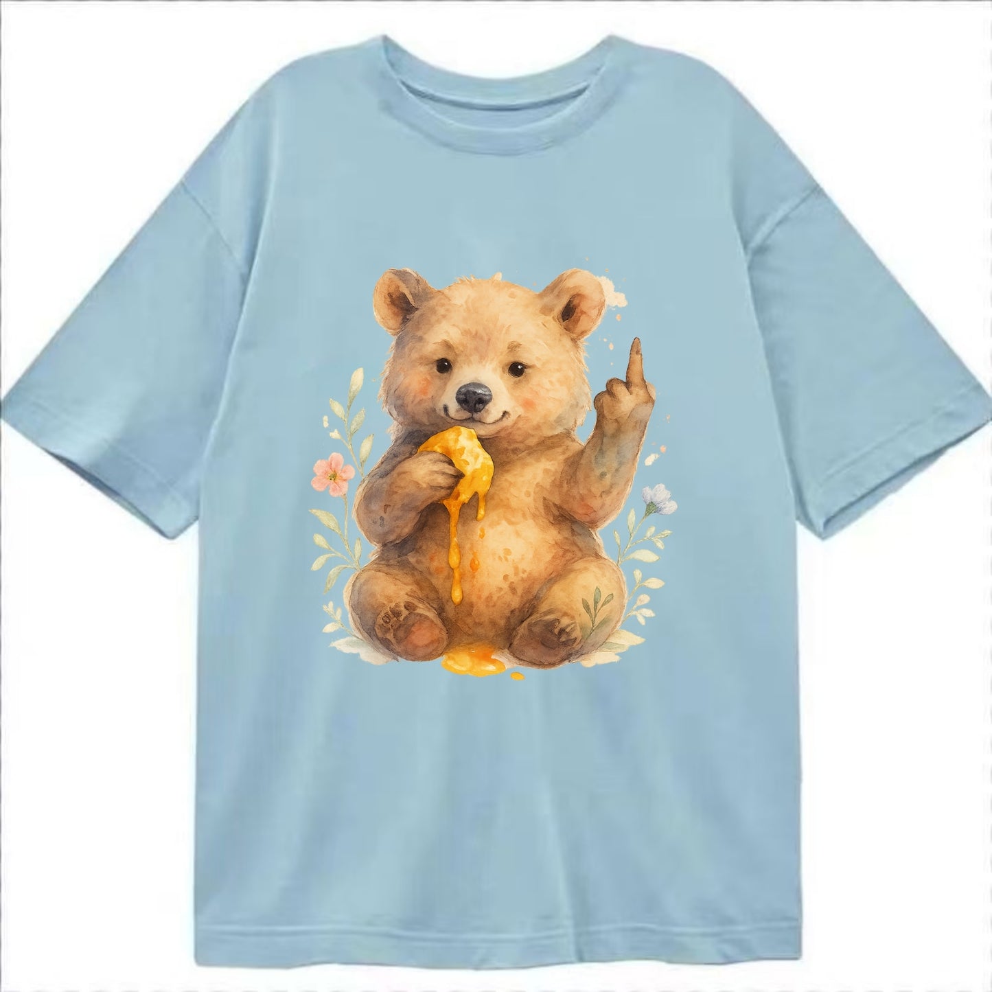 chubby bear cub eating dripping honey, sticky paw up with middle finger - Classic T-shirt - Light Blue