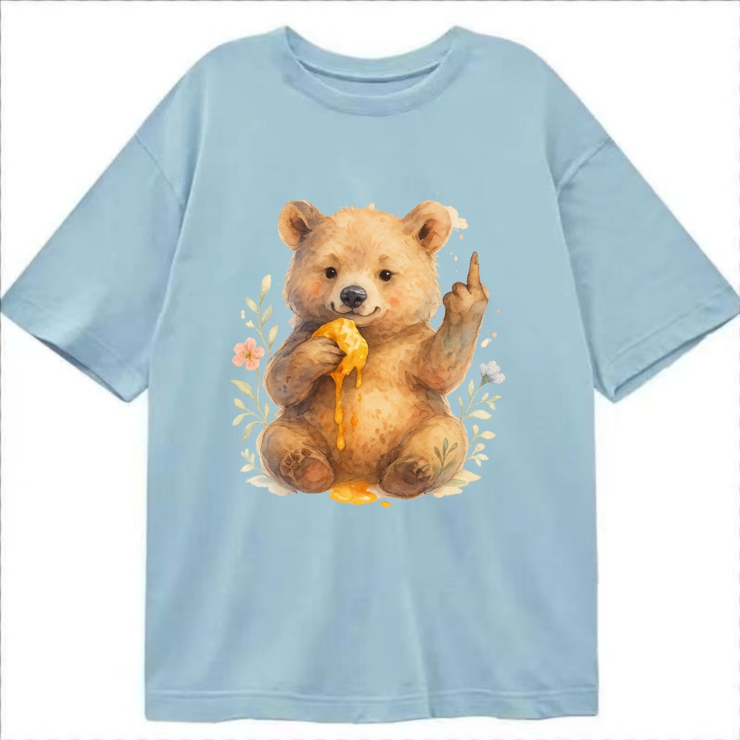chubby bear cub eating dripping honey, sticky paw up with middle finger - Classic T-shirt - Light Blue