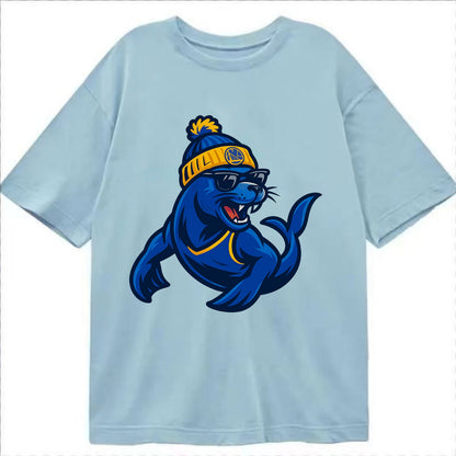 Bay Area Sea Lion wearing Warriors blue and gold beanie with Golden Gate and - Classic T-shirt - Light Blue