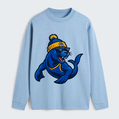 Bay Area Sea Lion wearing Warriors blue and gold beanie with Golden - Classic Long Sleeve Shirt - Light Blue