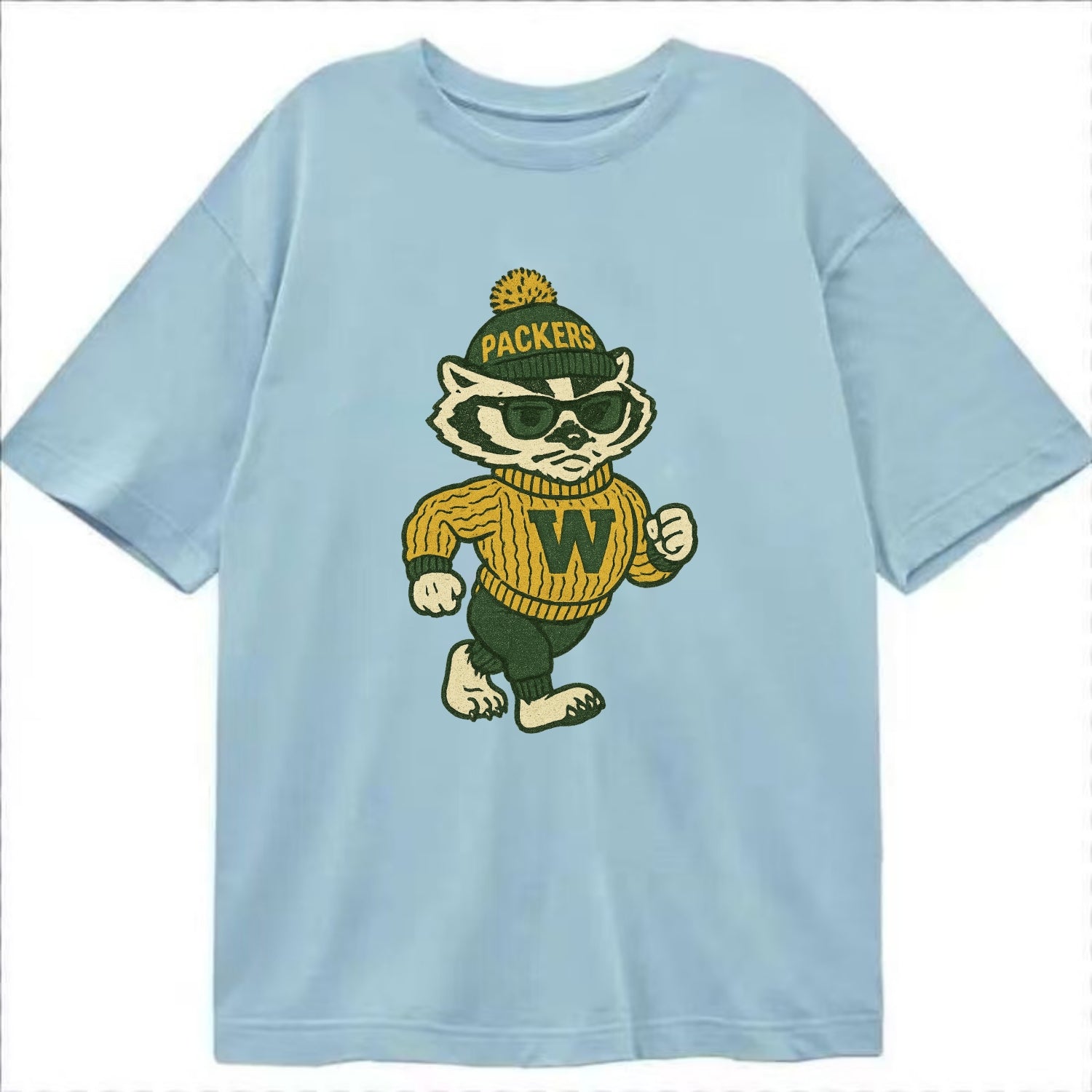 Wisconsin Badger wearing Packers green and gold beanie with pom pom and wayfarer - Classic T-shirt - Light Blue