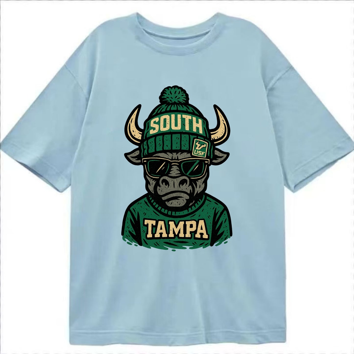 Tampa Bull wearing South Florida beanie with USF patch - Classic T-shirt - Light Blue