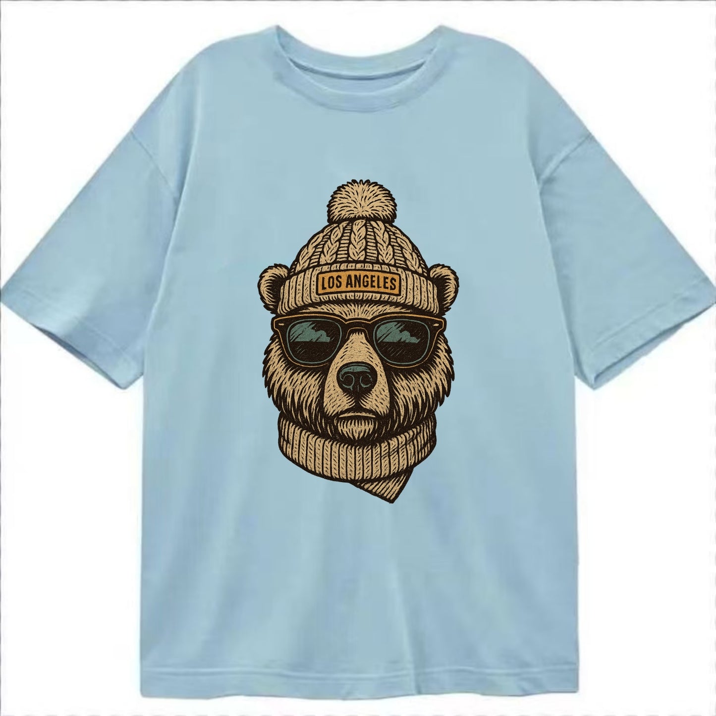 California Grizzly Bear wearing Los Angeles beanie with pom pom and wayfarer - Classic T-shirt - Light Blue