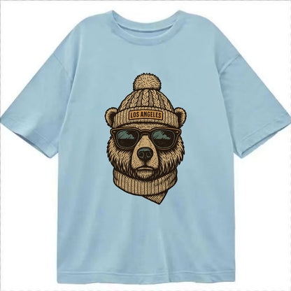 California Grizzly Bear wearing Los Angeles beanie with pom pom and wayfarer - Classic T-shirt - Light Blue