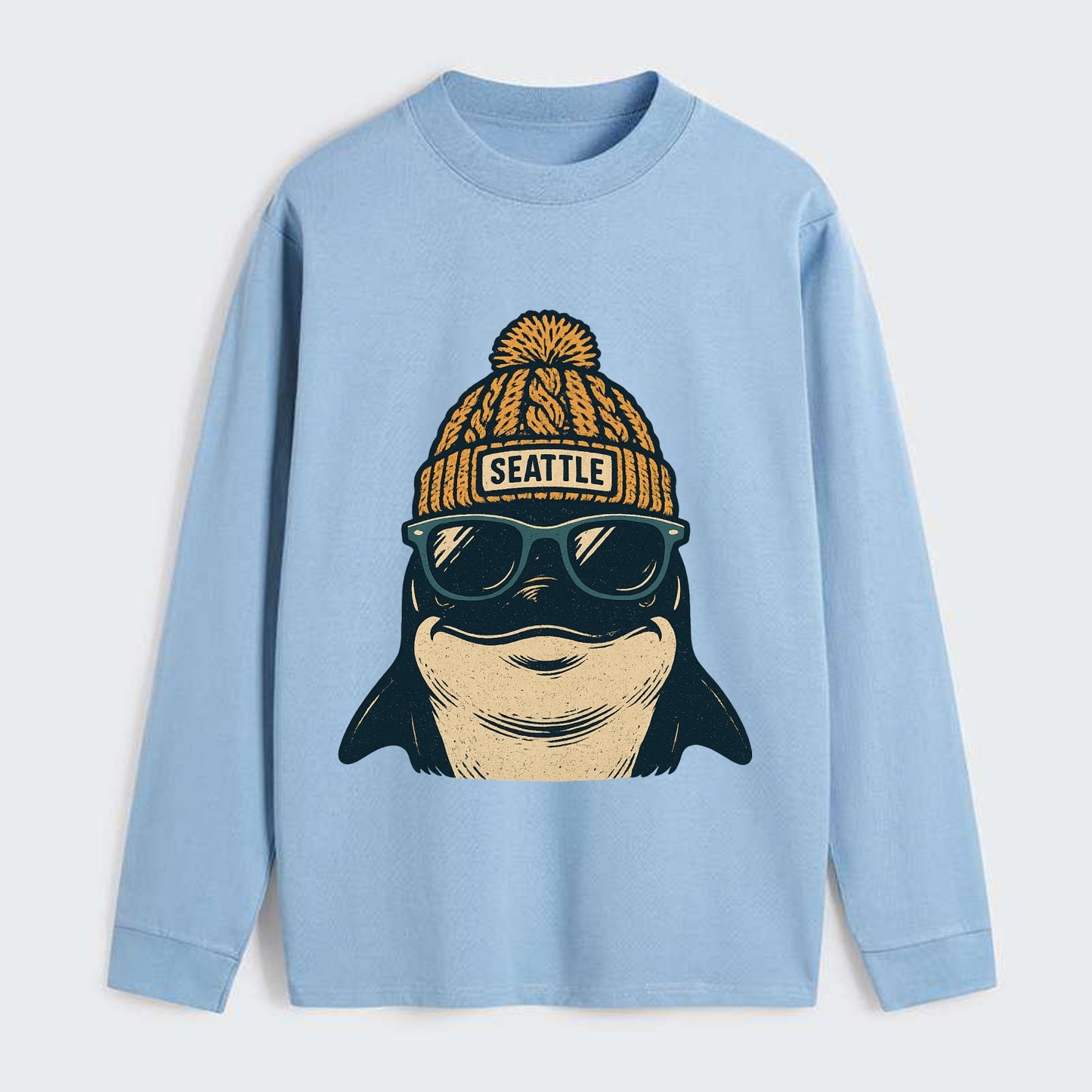 Seattle Orca wearing Seattle beanie with pom pom and wayfarer sunglasses - Classic Long Sleeve Shirt - Light Blue