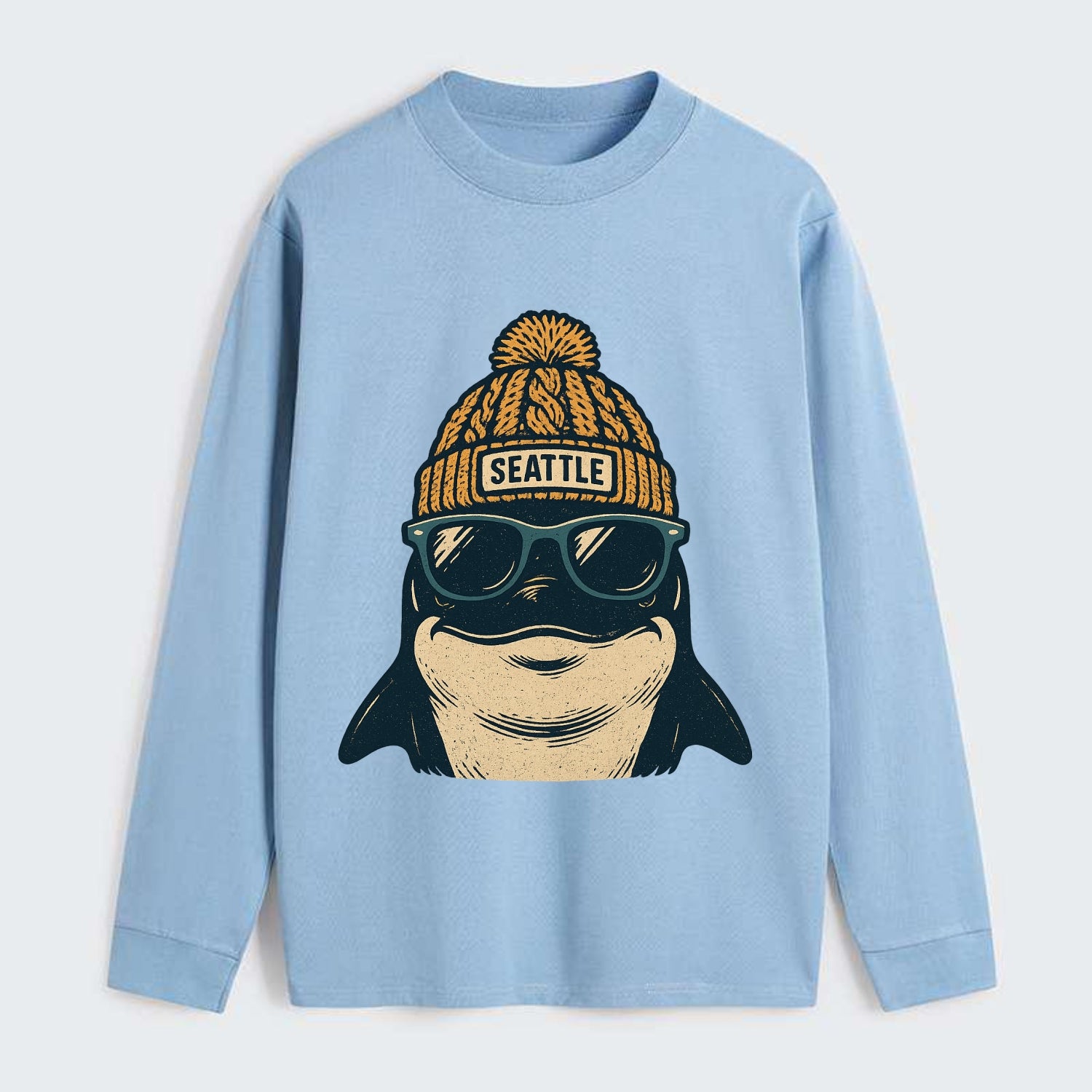 Seattle Orca wearing Seattle beanie with pom pom and wayfarer sunglasses - Classic Long Sleeve Shirt - Light Blue
