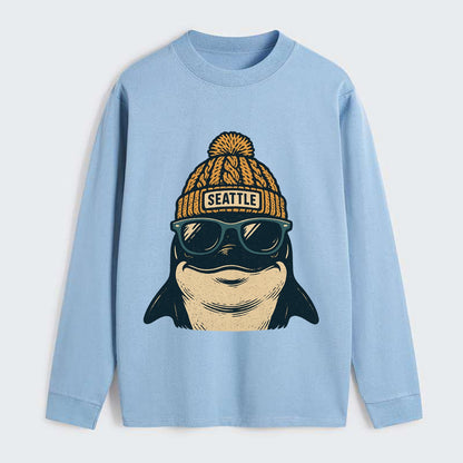 Seattle Orca wearing Seattle beanie with pom pom and wayfarer sunglasses - Classic Long Sleeve Shirt - Light Blue