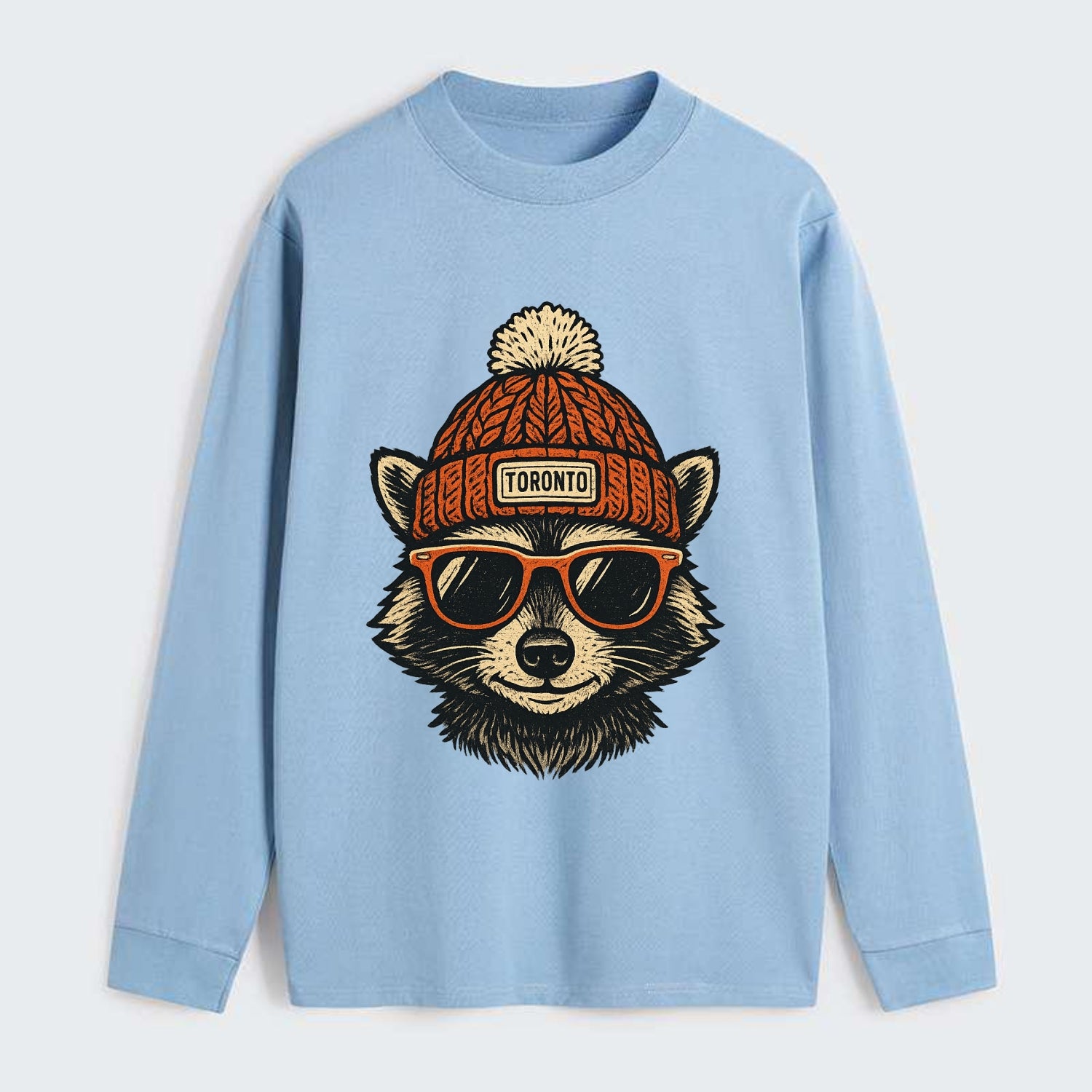 Toronto Raccoon wearing Toronto beanie with pom pom and wayfarer - Classic Long Sleeve Shirt - Light Blue