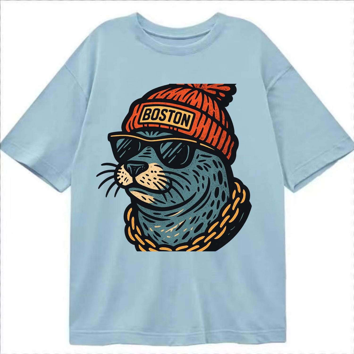 Boston Harbor Seal wearing Boston beanie with pom pom and wayfarer sunglasses - Classic T-shirt - Light Blue