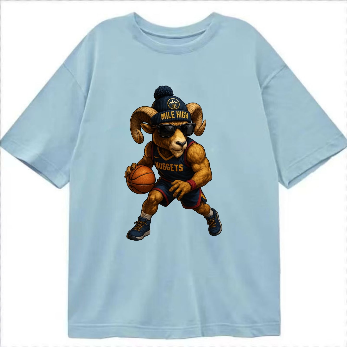 Mile High Bighorn wearing Nuggets beanie with mountain patch and wayfarer - Classic T-shirt - Light Blue