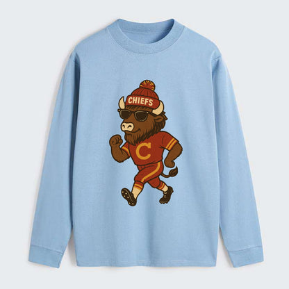 KC Bison wearing Chiefs beanie with arrowhead patch and wayfarer - Classic Long Sleeve Shirt - Light Blue