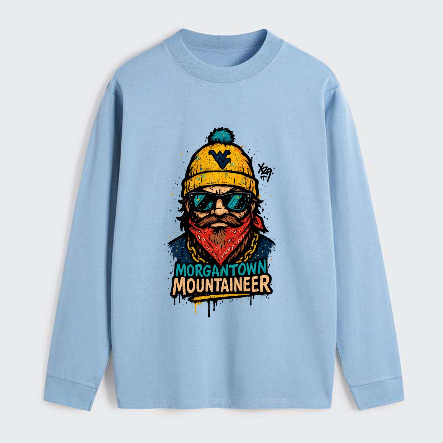 Morgantown Mountaineer wearing West Virginia beanie with WV patch - Classic Long Sleeve Shirt - Light Blue