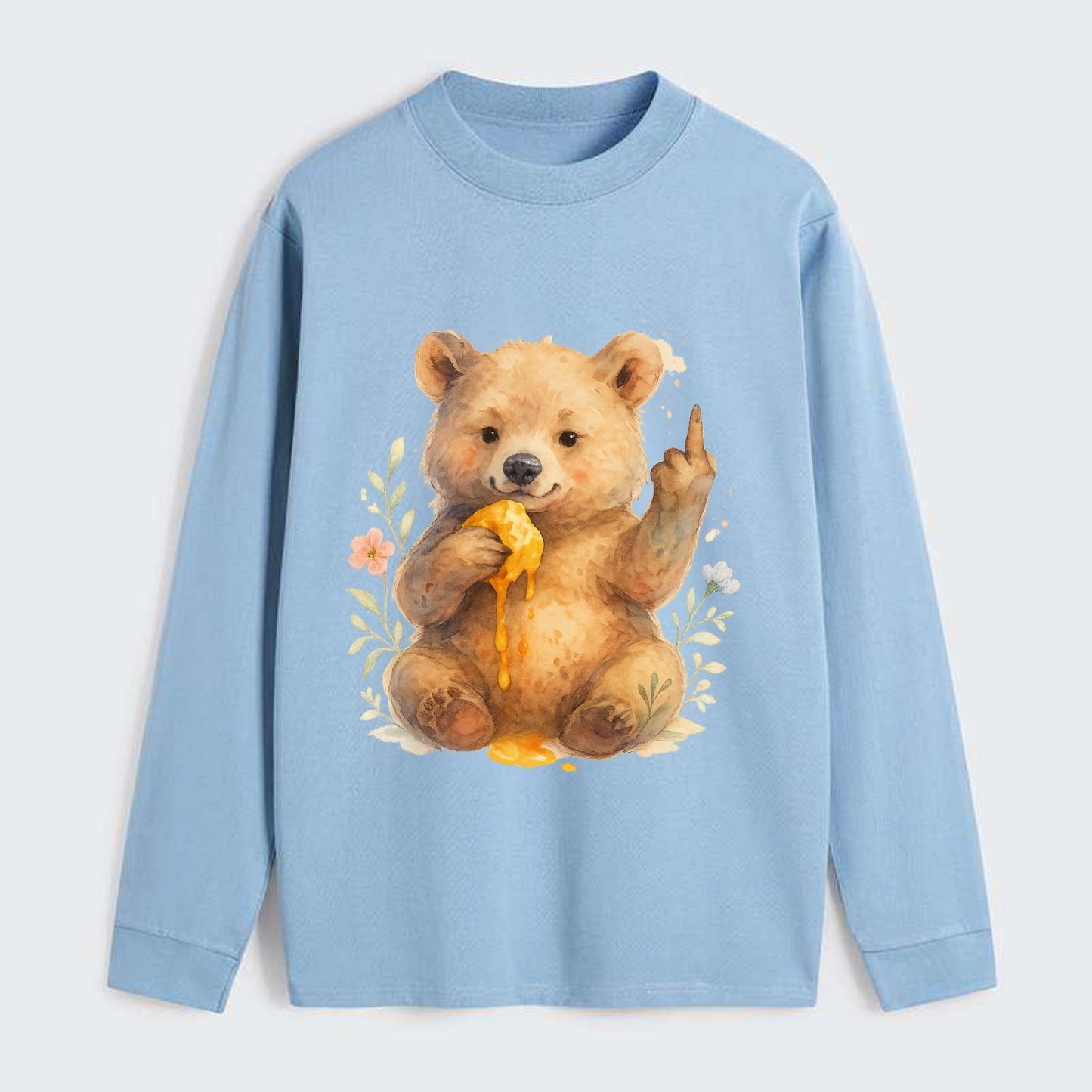 chubby bear cub eating dripping honey, sticky paw up with middle finger - Classic Long Sleeve Shirt - Light Blue