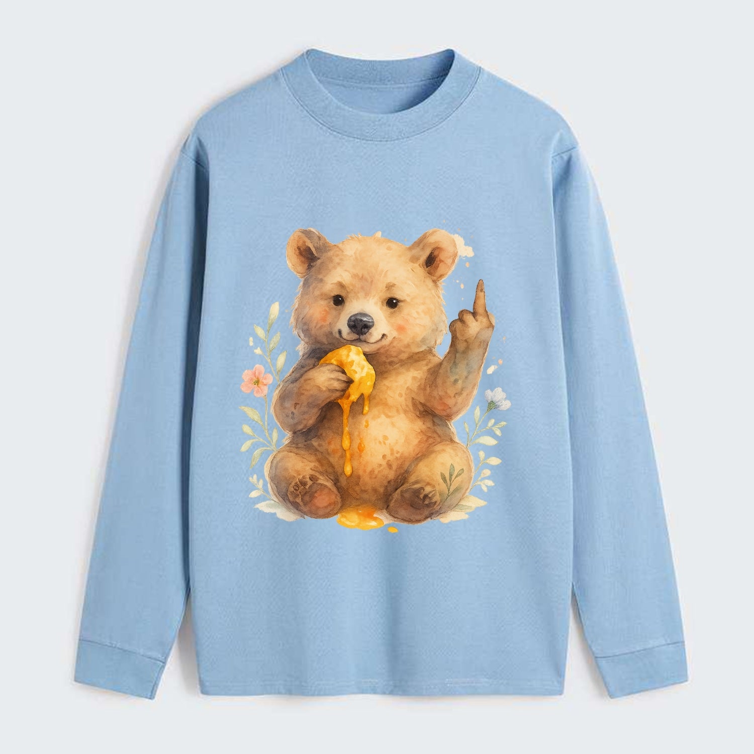 chubby bear cub eating dripping honey, sticky paw up with middle finger - Classic Long Sleeve Shirt - Light Blue