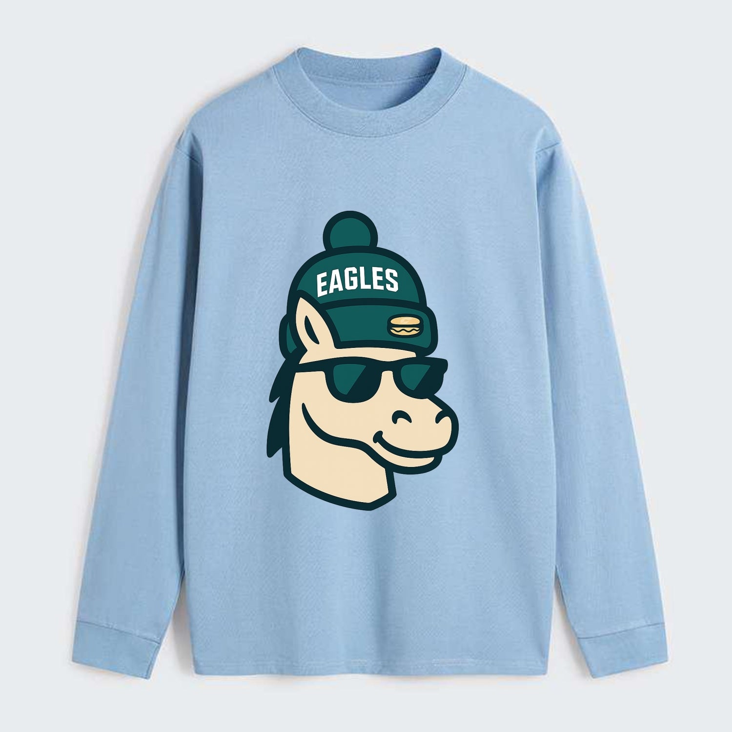 Philadelphia Horse wearing Eagles beanie with cheesesteak patch and - Classic Long Sleeve Shirt - Light Blue