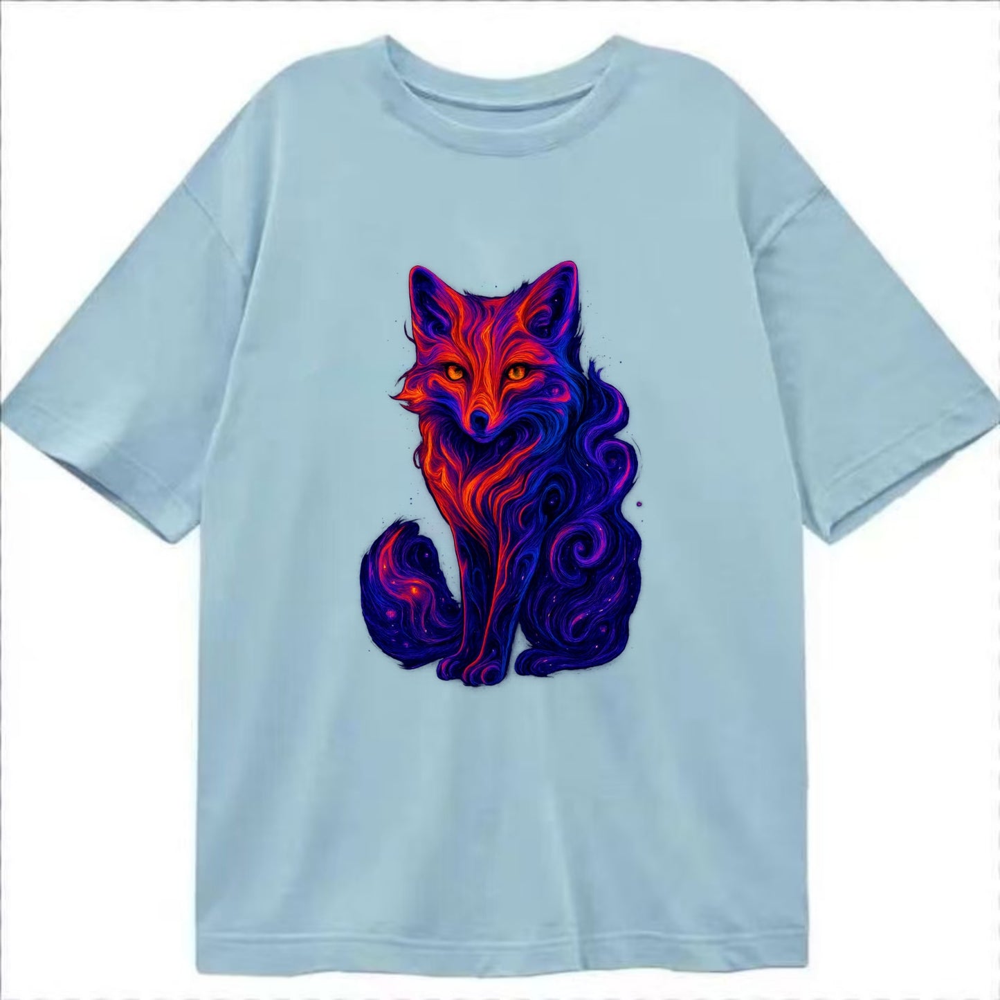 Clever fox with tail dissolving into cosmic nebula swirls, orange to purple - Classic T-shirt - Light Blue