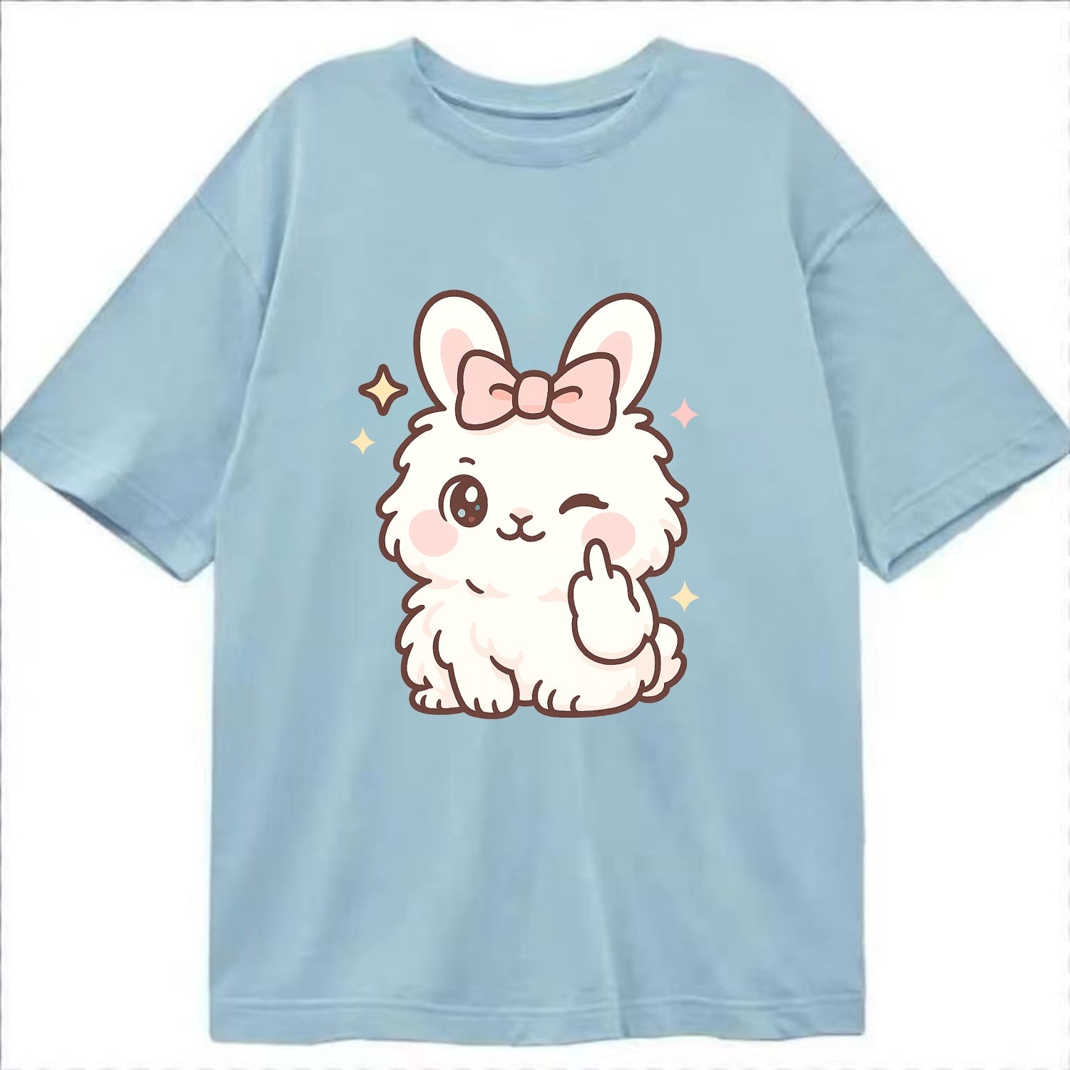 fluffy white angora rabbit with pink bow, one paw delicately flipping off - Classic T-shirt - Light Blue