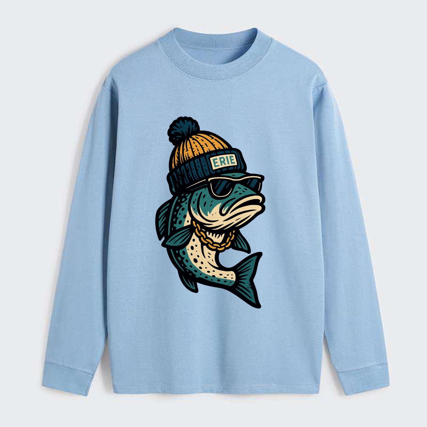 Erie Lake Trout wearing Erie beanie with - Classic Long Sleeve Shirt - Light Blue