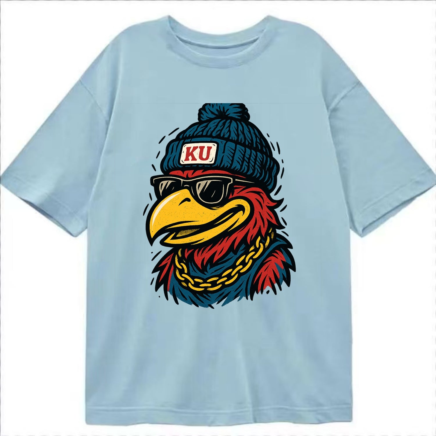 Lawrence Jayhawk wearing Kansas beanie with KU patch - Classic T-shirt - Light Blue