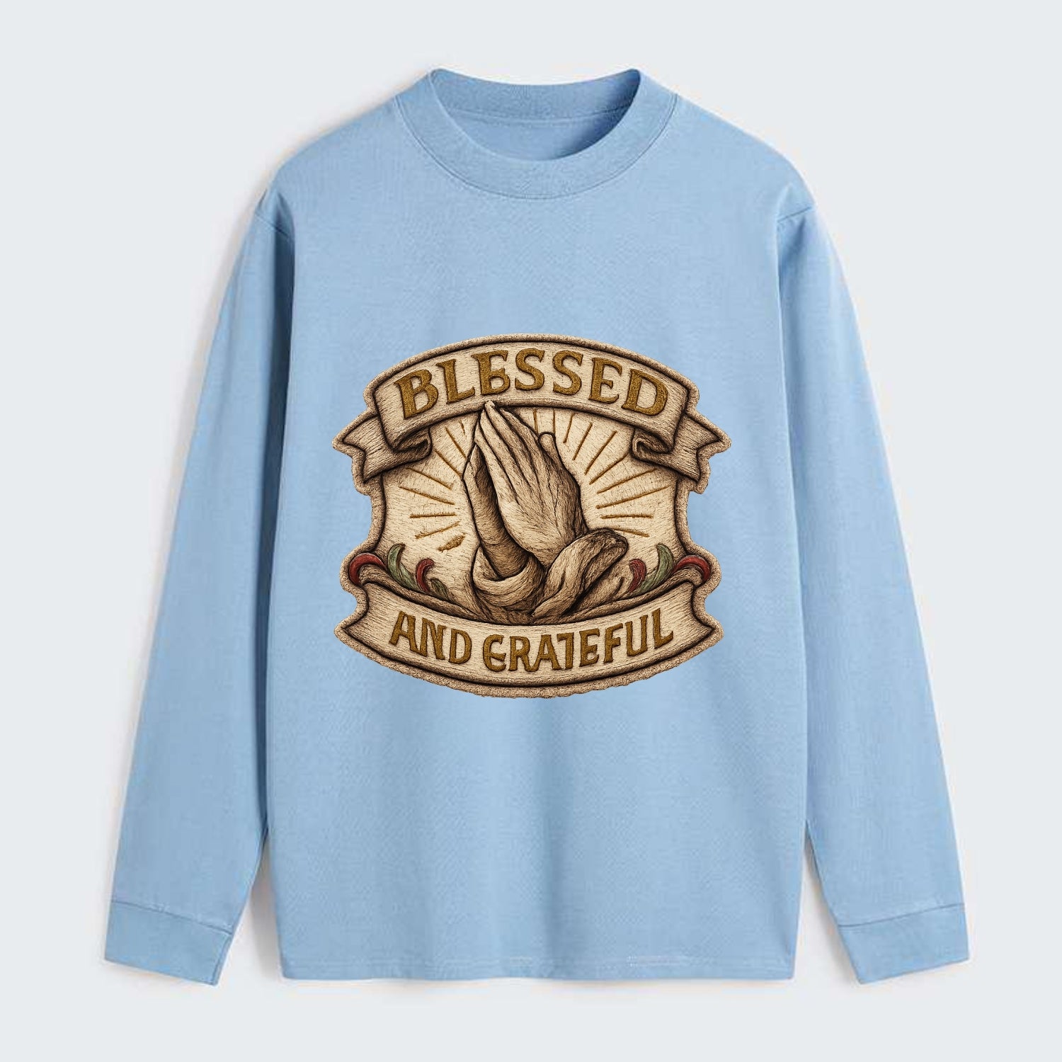 BLESSED AND GRATEFUL - praying hands with text in gold , thankful - Classic Long Sleeve Shirt - Light Blue