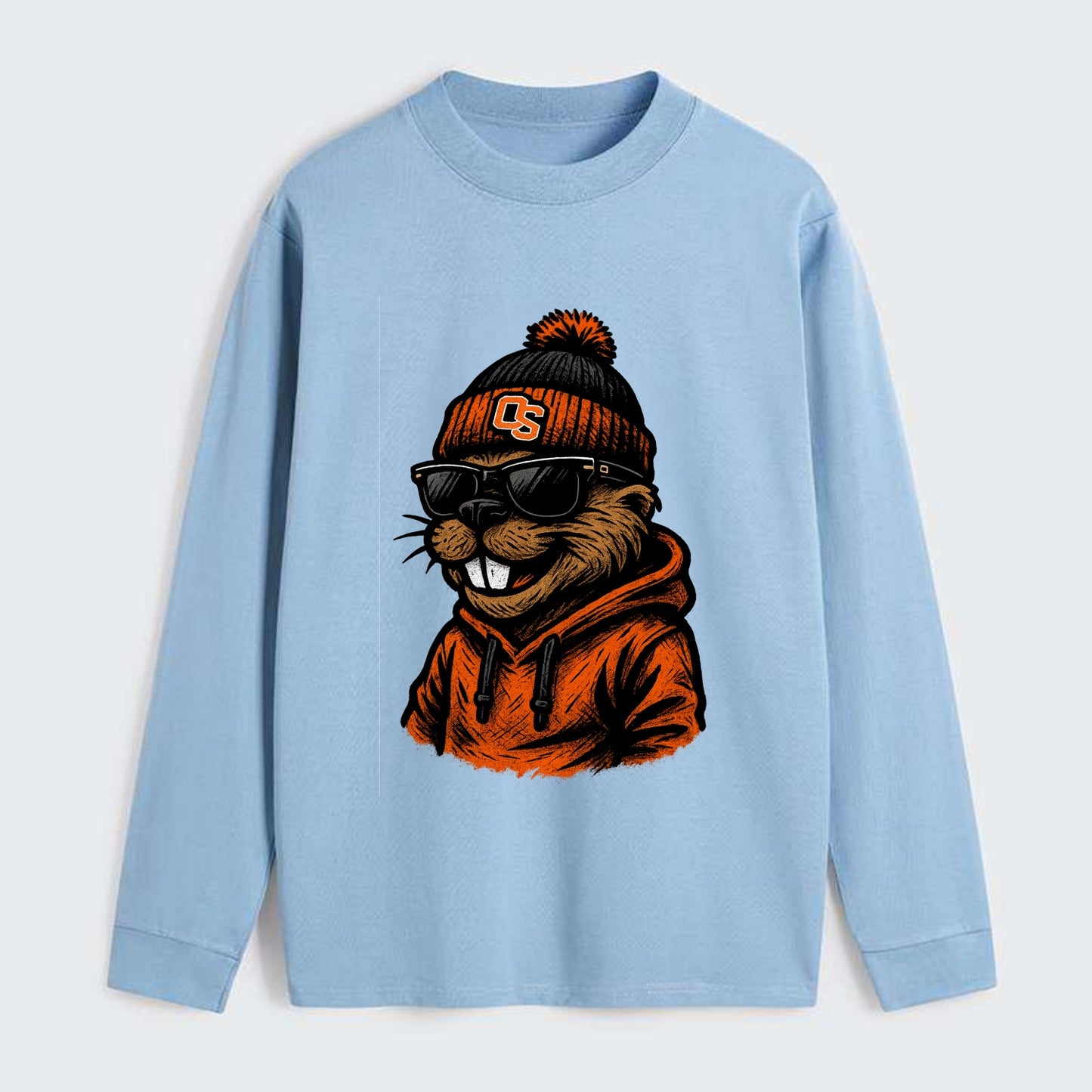 Corvallis Beaver wearing Oregon State beanie with OS patch - Classic Long Sleeve Shirt - Light Blue