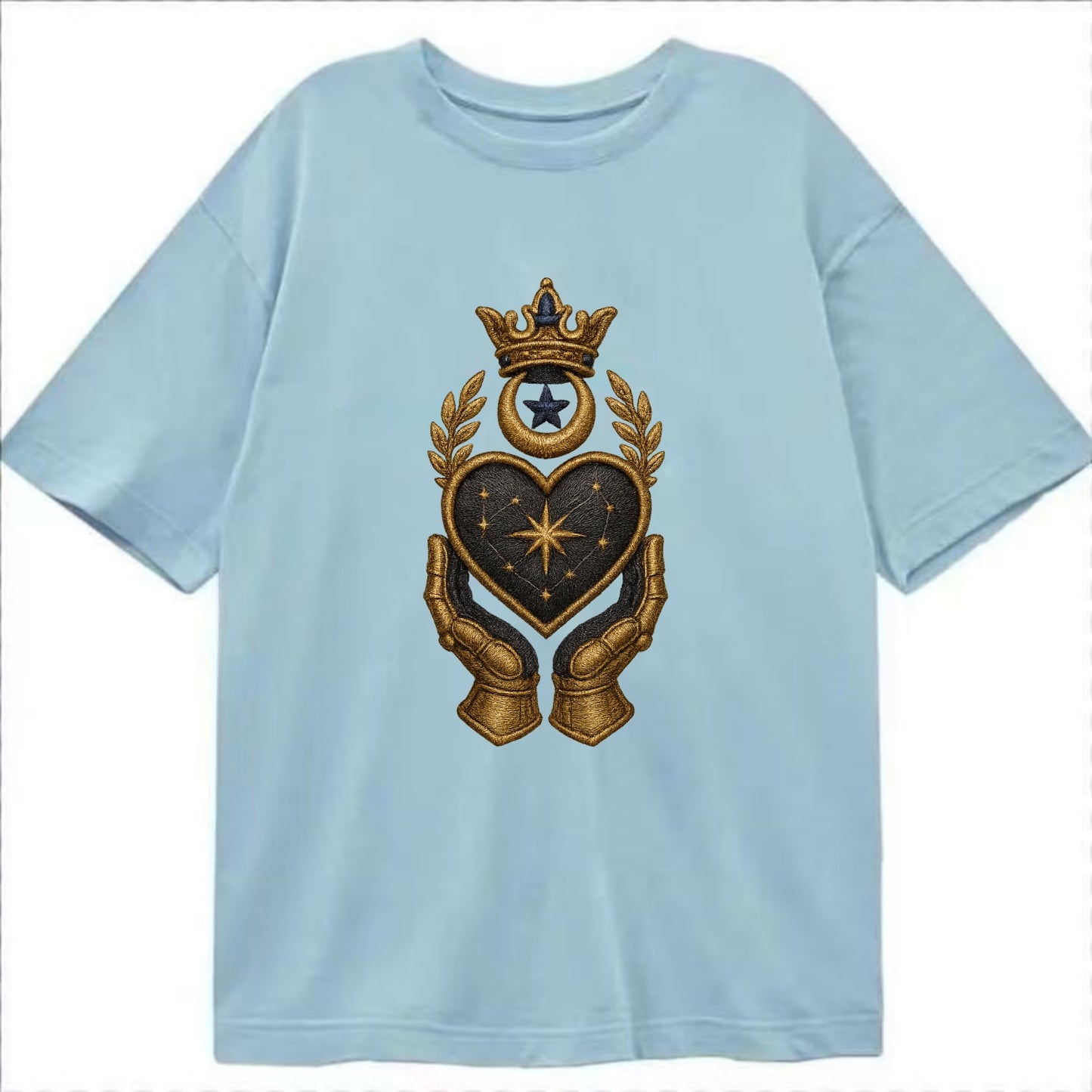 Crowned heart with Art Deco sunburst crown and geometric filigree hands cradling - Classic T-shirt - Light Blue