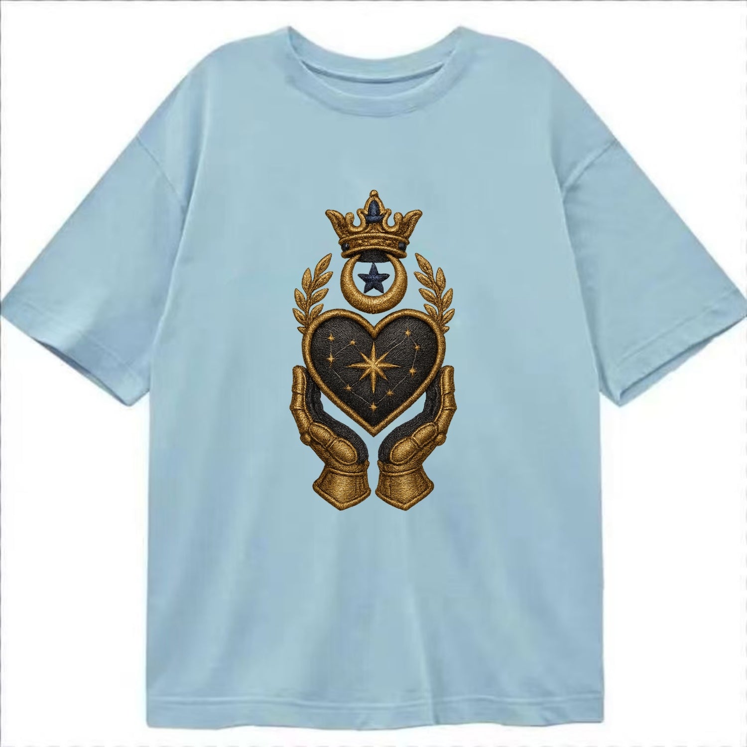Crowned heart with Art Deco sunburst crown and geometric filigree hands cradling - Classic T-shirt - Light Blue