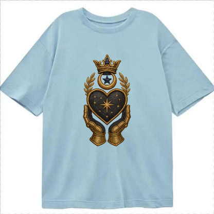 Crowned heart with Art Deco sunburst crown and geometric filigree hands cradling - Classic T-shirt - Light Blue