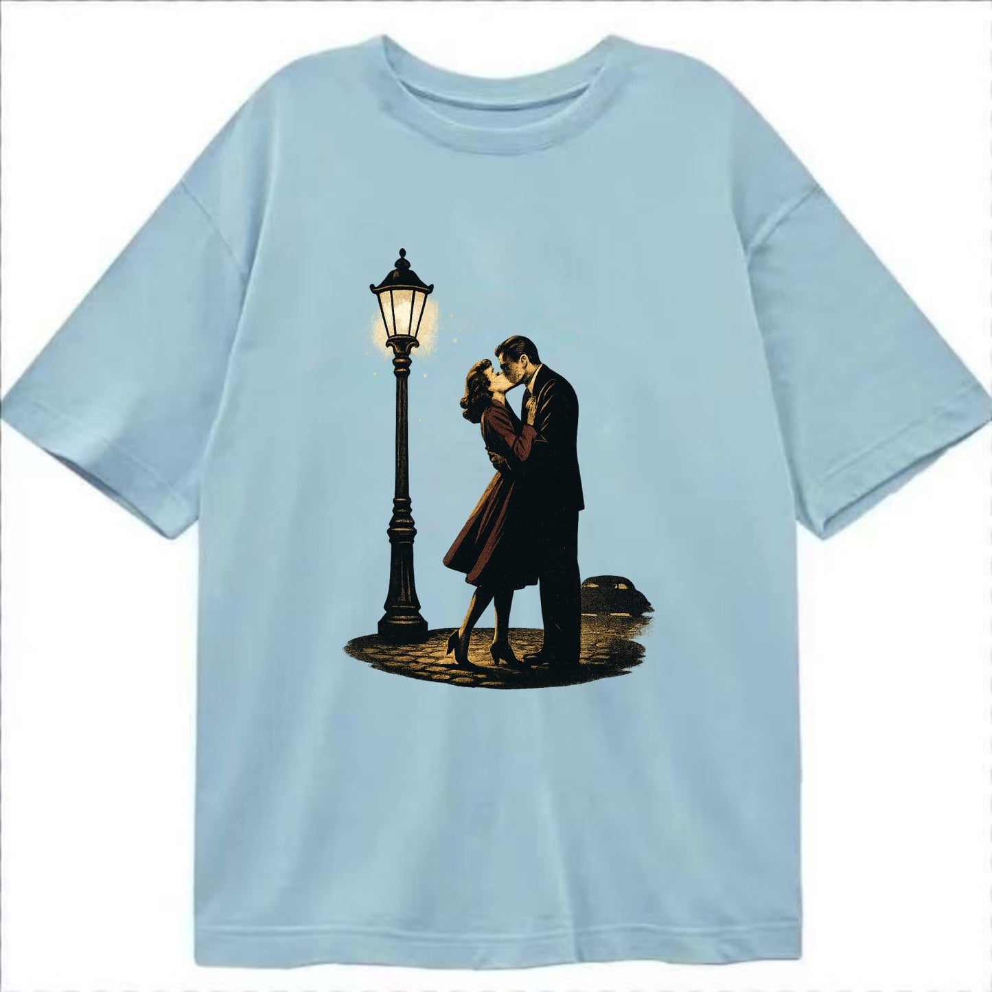 first kiss under vintage street lamp on cobblestone at night - Classic T-shirt - Light Blue