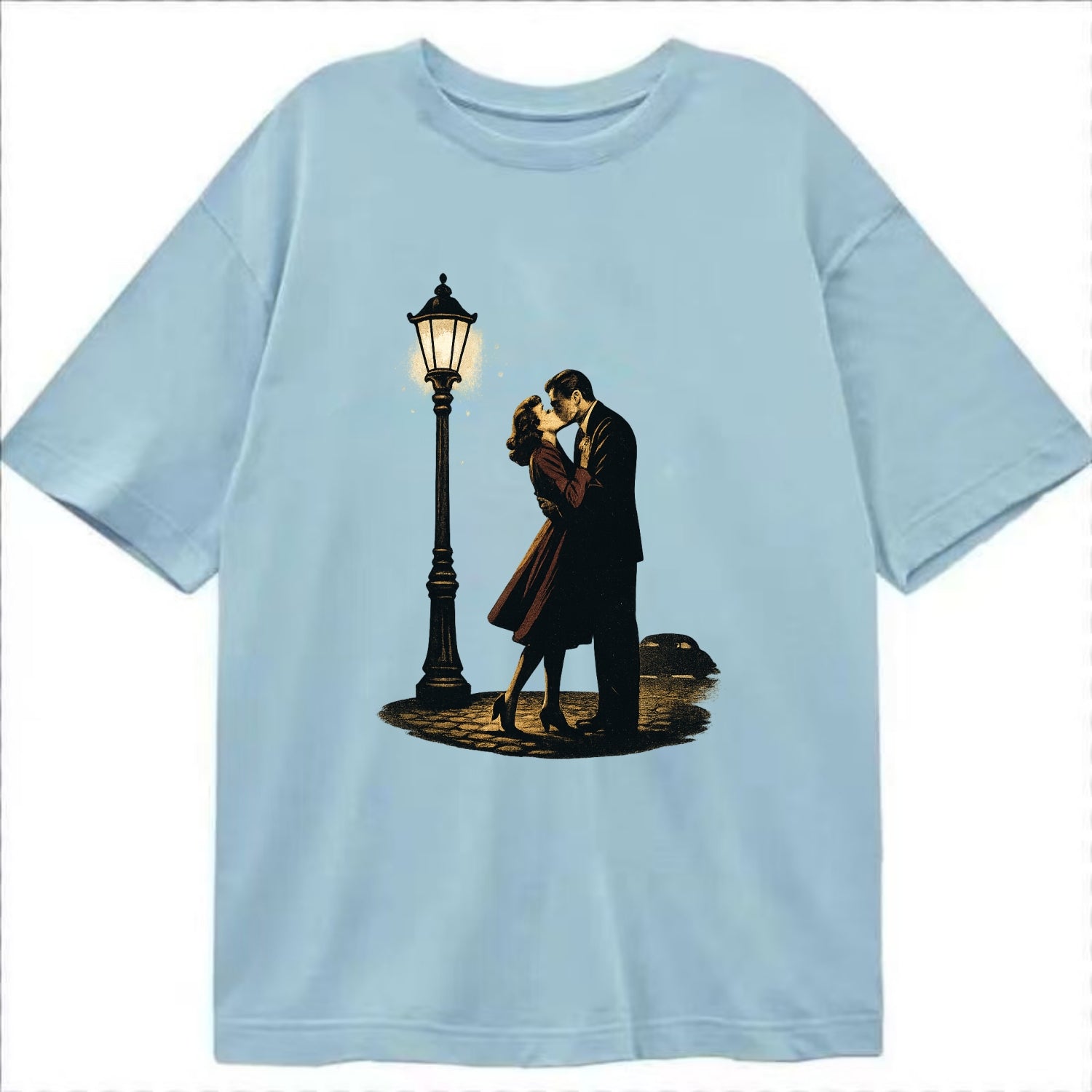 first kiss under vintage street lamp on cobblestone at night - Classic T-shirt - Light Blue