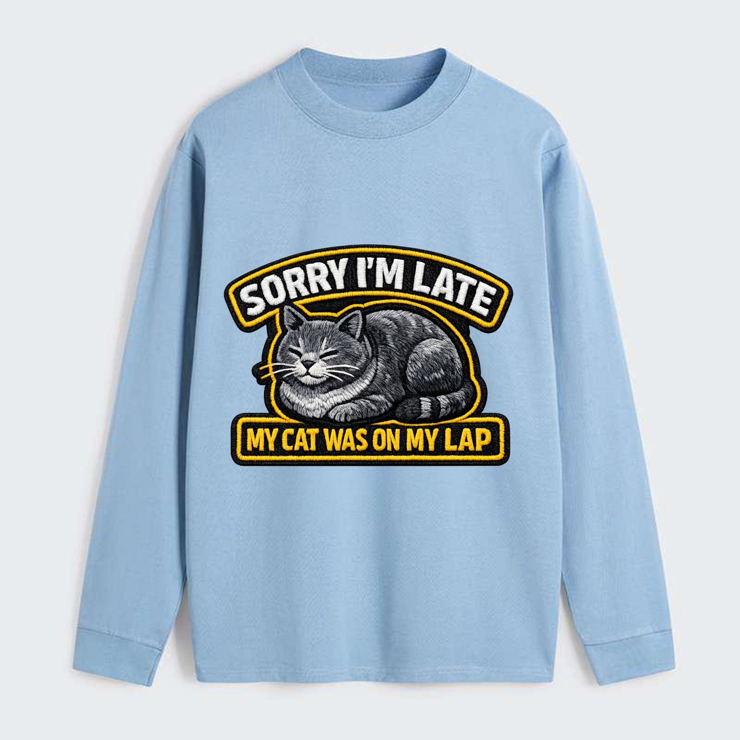 SORRY IM LATE MY CAT WAS ON MY LAP - cat loaf in gray , valid excuse - Classic Long Sleeve Shirt - Light Blue