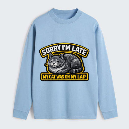 SORRY IM LATE MY CAT WAS ON MY LAP - cat loaf in gray , valid excuse - Classic Long Sleeve Shirt - Light Blue